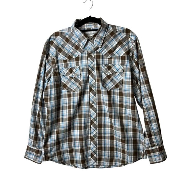 Wrangler rancher shirt button down collared plaid pearl snap button men’s size l - Picture 1 of 8